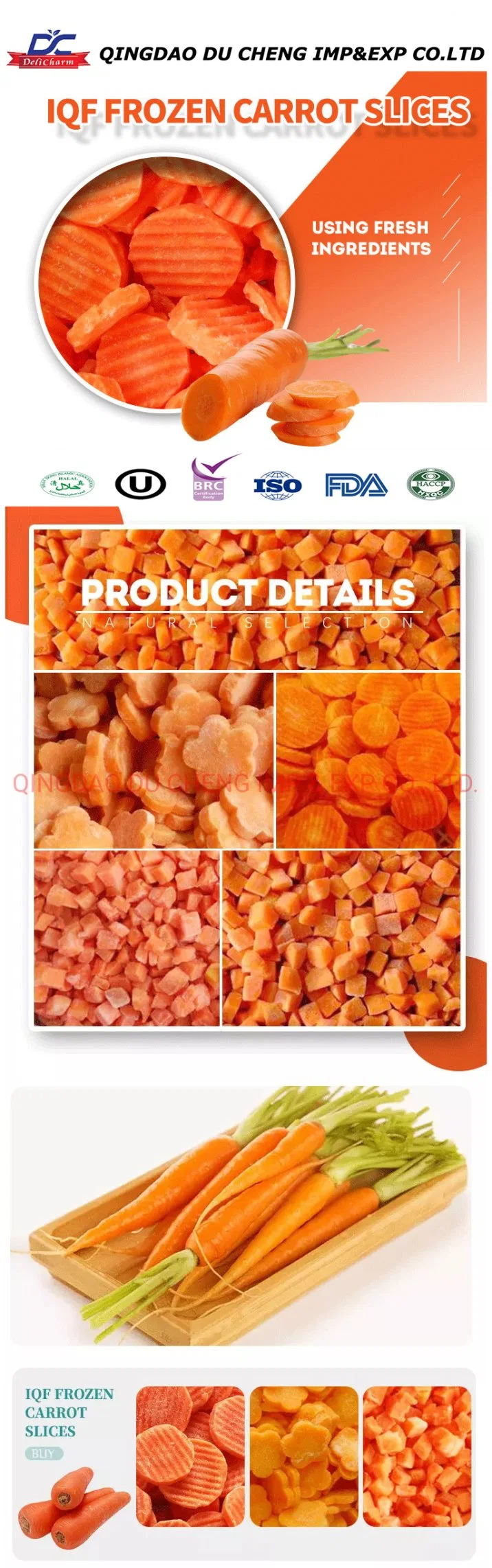 Seasoned Exporting Quality Wholesale Price IQF Vegetables Frozen Carrot Diced/Slices/Strips